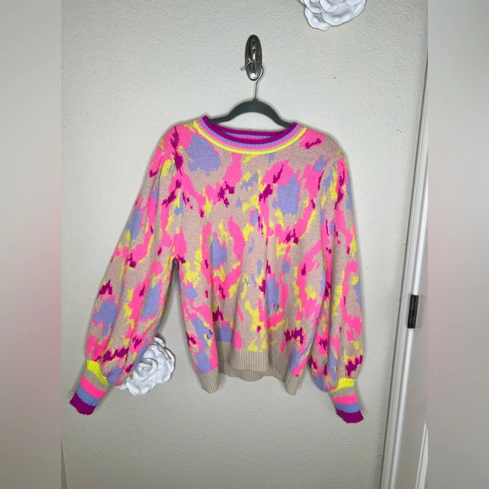 NTM Jodifl Abstract Print Sweater Neon Pink Taupe Balloon Sleeve Pullover Size L - Picture 1 of 16